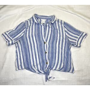 H&M Women's Size 10 White Blue Striped Linen Collard Short Front Top
